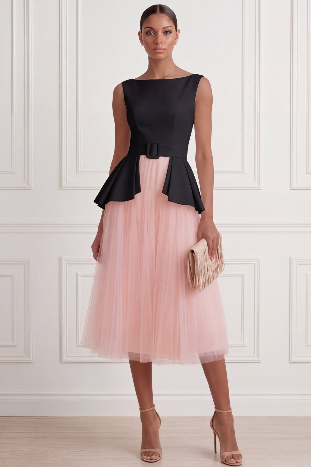 Black Suit Sets Crew Neck Pleated A-Line Tulle Midi Skirts Set