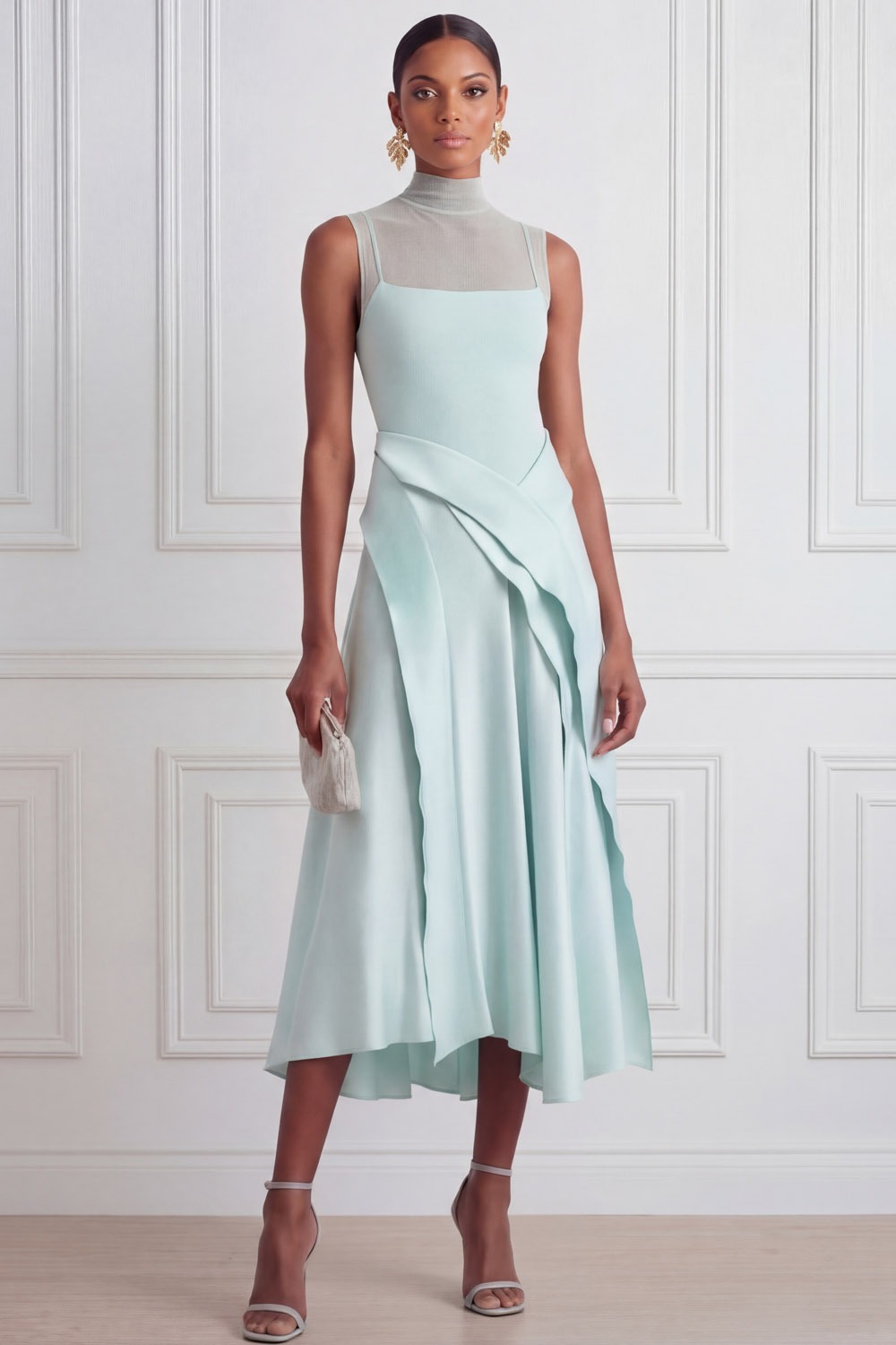 Mint Prom Dress A-Line Illusion Neck Sleeveless Ruffle Midi Dress