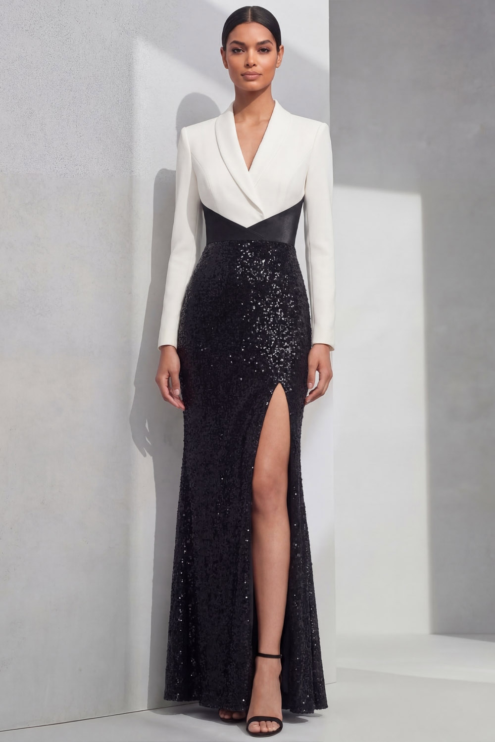 White Formal Dress Mermaid Lapel Sequin Maxi Dress with Slit
