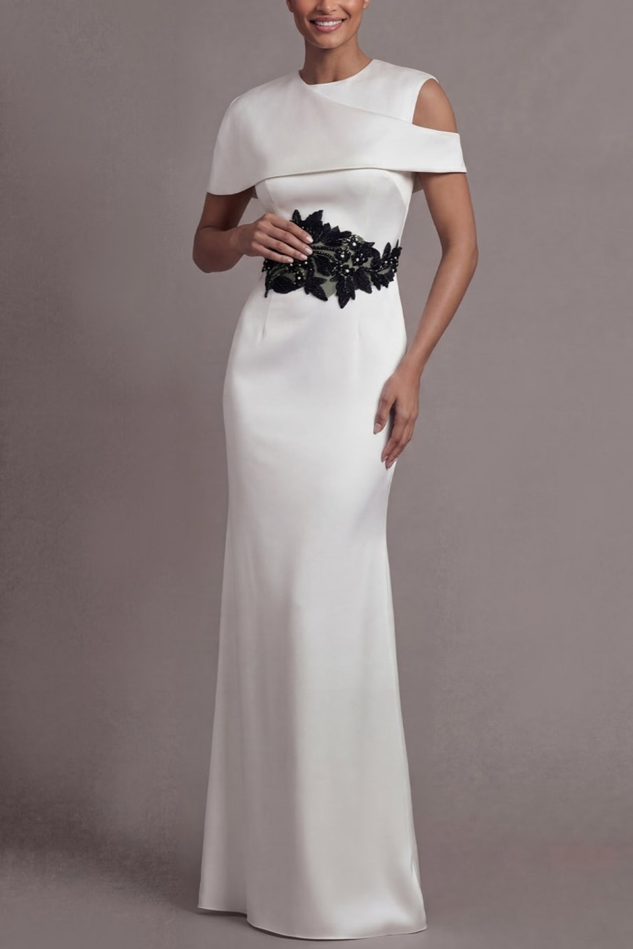 White Formal Evening Dress Asymmetrical Neck Appliqued Maxi Dress