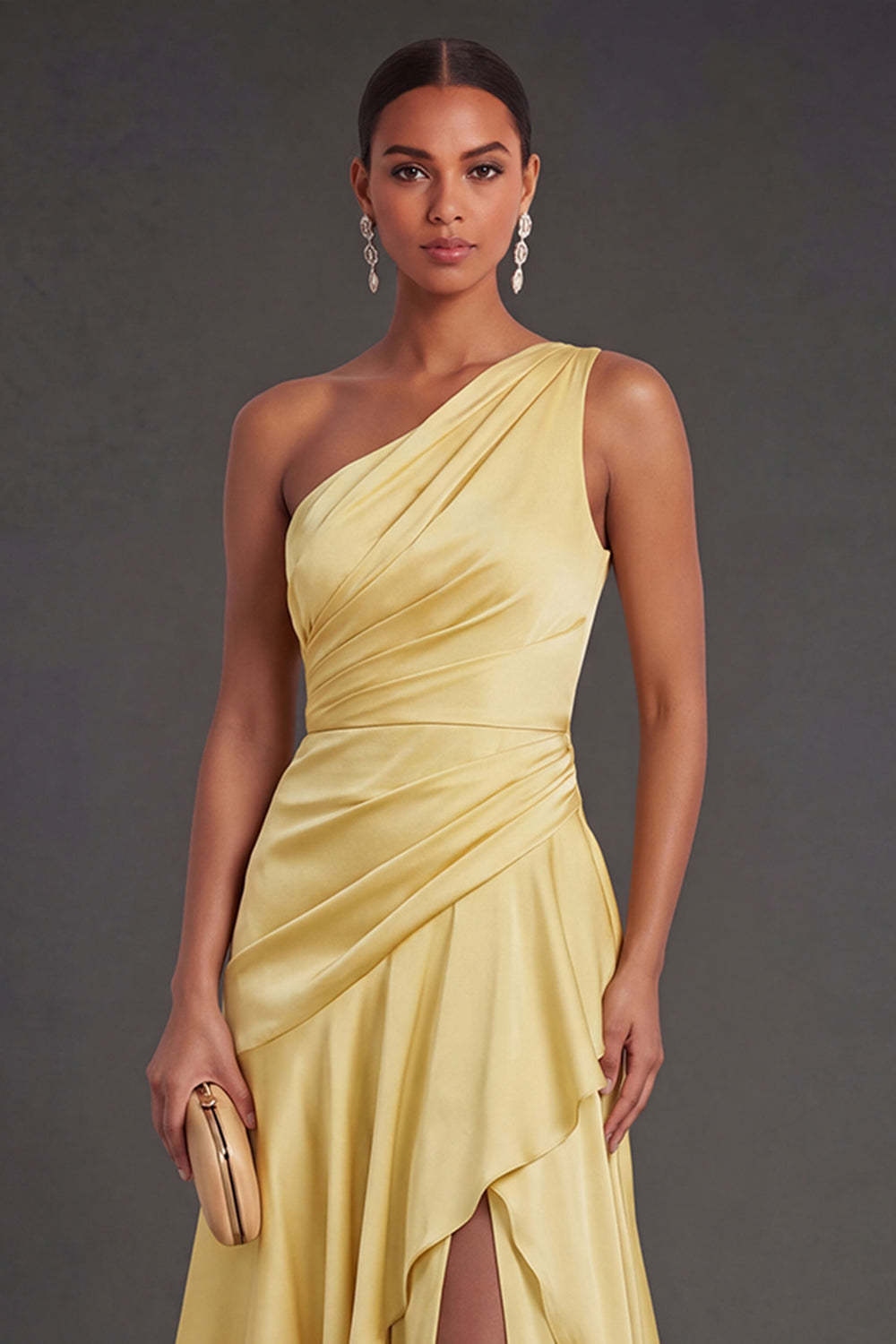 Yellow Ruffled Satin Long Formal Dress
