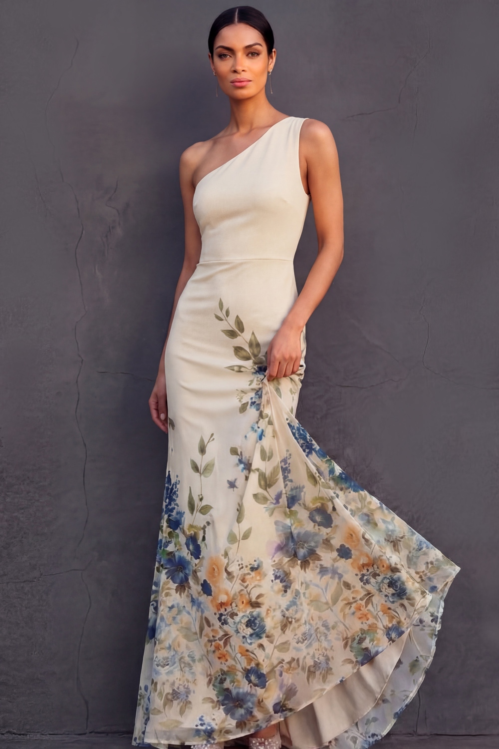 Champagne Floral Wedding Guest Dress Mermaid One Shoulder Maxi Dress