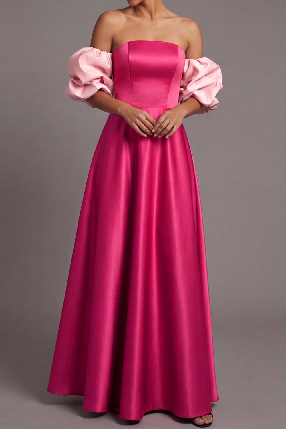 Golden Formal Evening Dress Off the Shoulder Puff Sleeve Satin Maxi Dress