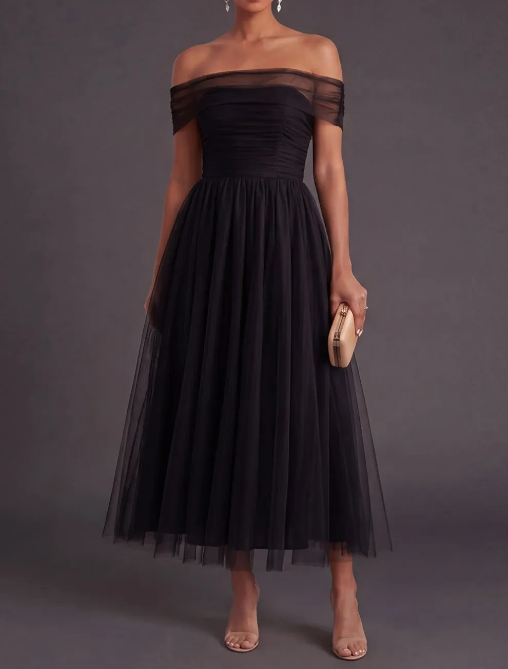 Off the Shoulder A Line Pleated Black Long Formal Dress