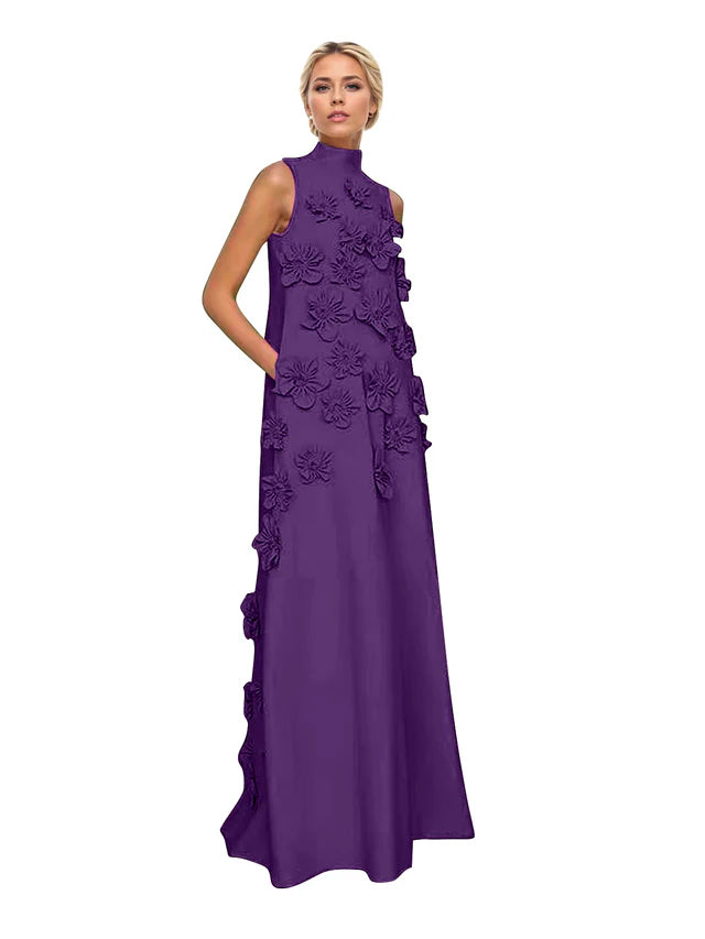A Line High Neck Sleeveless Floor Length Stretch Crepe Dress With 3D Flowers