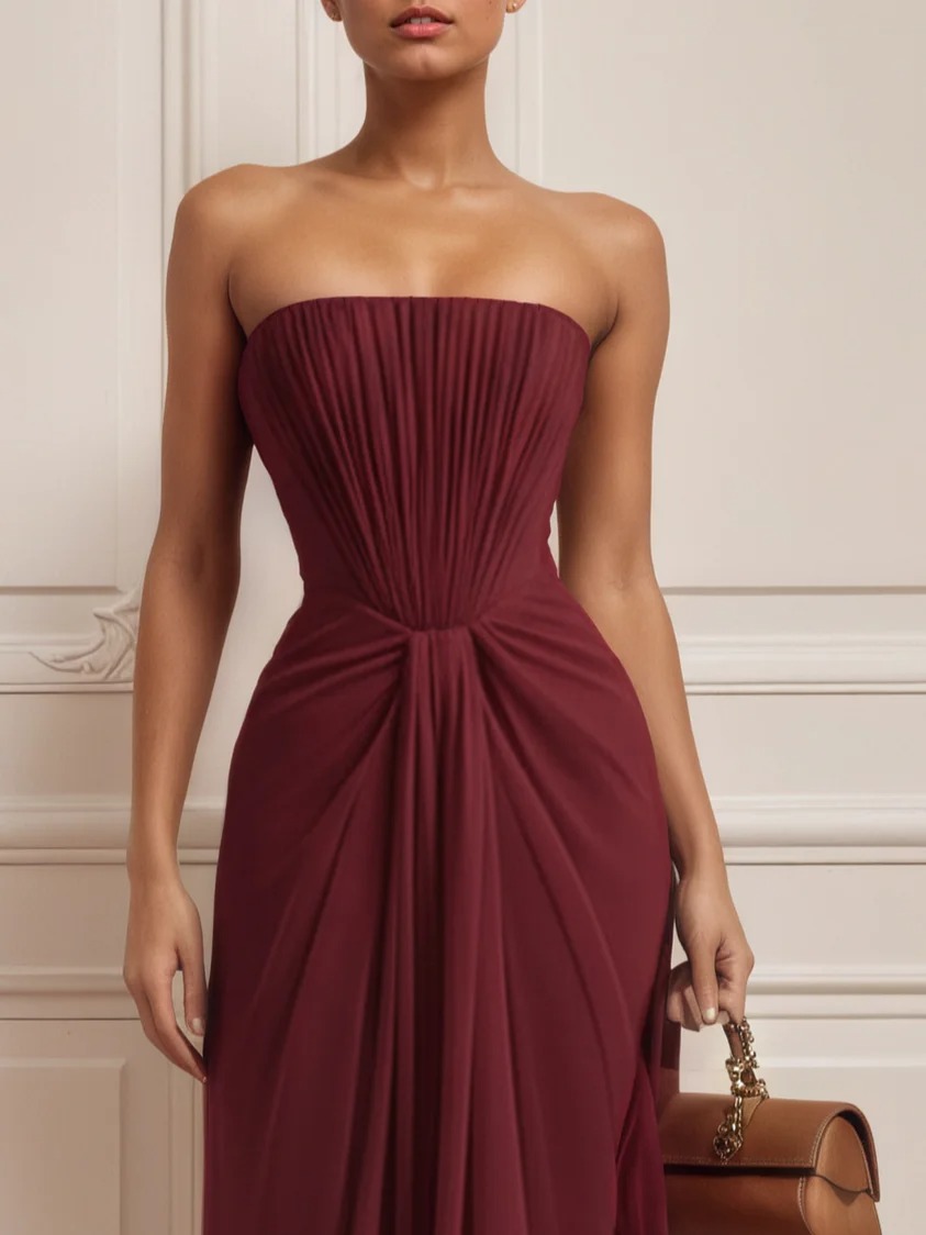 Burgundy Pleated Classic Strapless Sleeveless Sheath Gown Dress