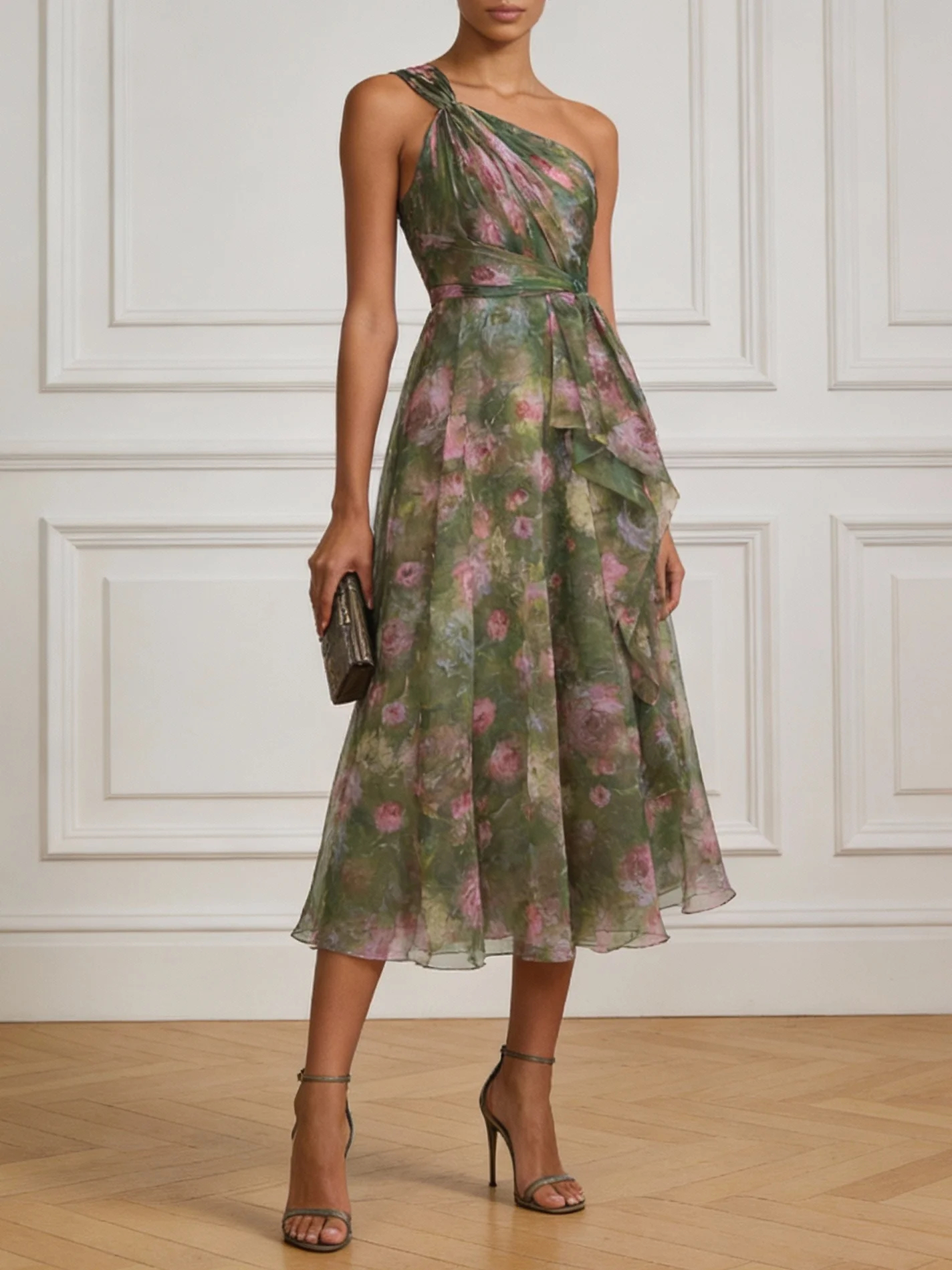 Green Floral One Shoulder Tie Waist Flared Midi Dress