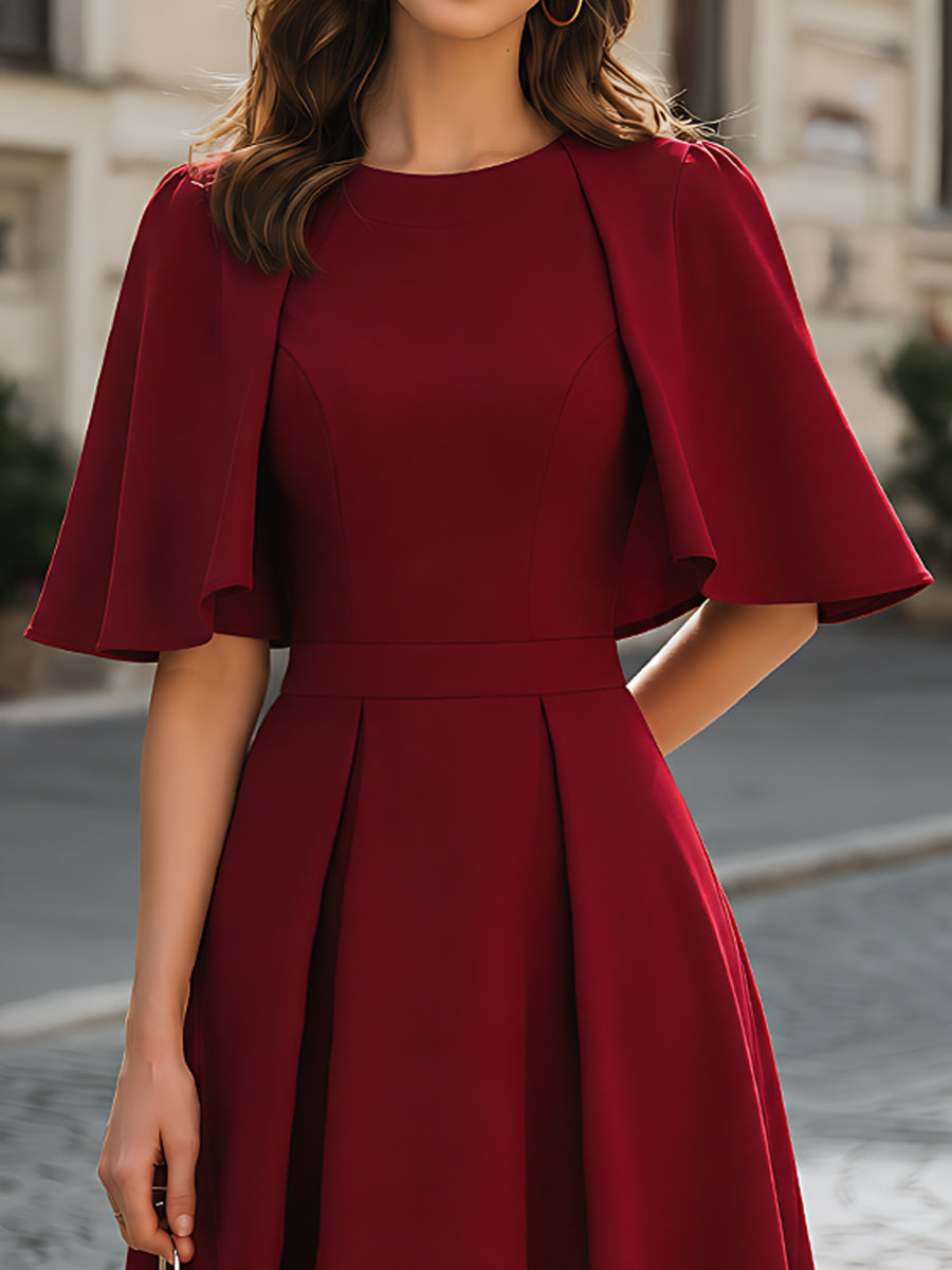 Cape-Sleeve Pleated A-Line Midi Dress