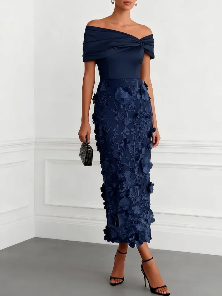 3D Floral Applique Classic Off The Shoulder Short Sleeve Sheath Midi Dress