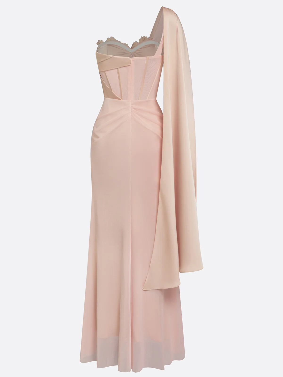 Pale Pink One-Shoulder 3D Floral Cape Detail Sheath Floor-Length Gown