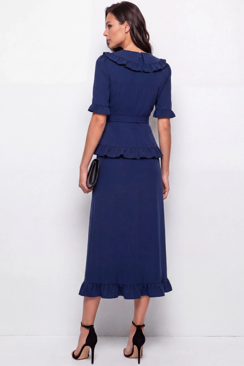 Navy Blue V-Neck Ruffle Detail Belted Midi Dress with Slit