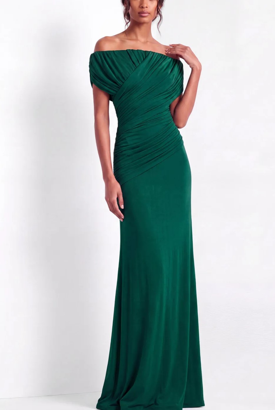 Emerald Green Off-the-Shoulder Ruched Jersey Floor-Length Gown