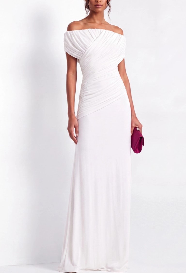 Emerald Green Off-the-Shoulder Ruched Jersey Floor-Length Gown