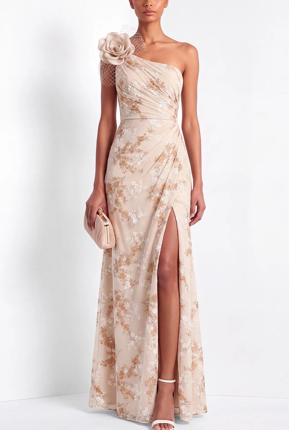 Blush Pink One-Shoulder 3D Floral Applique Floral Print Chiffon Maxi Dress with Slit