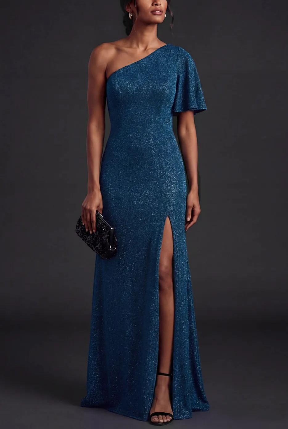 One-Shoulder Glitter Knit Flare Sleeve Slit Maxi Dress