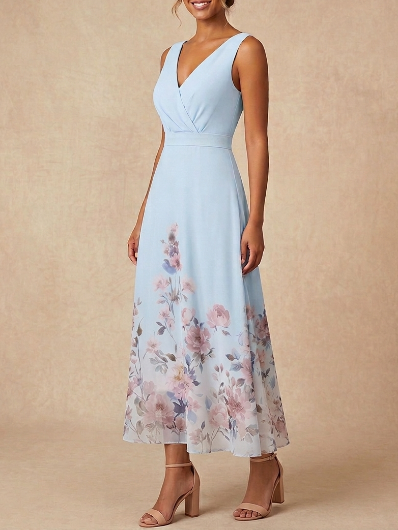 Light Blue Sleeveless V-Neck Floral Print Chiffon A-Line Maxi Dress