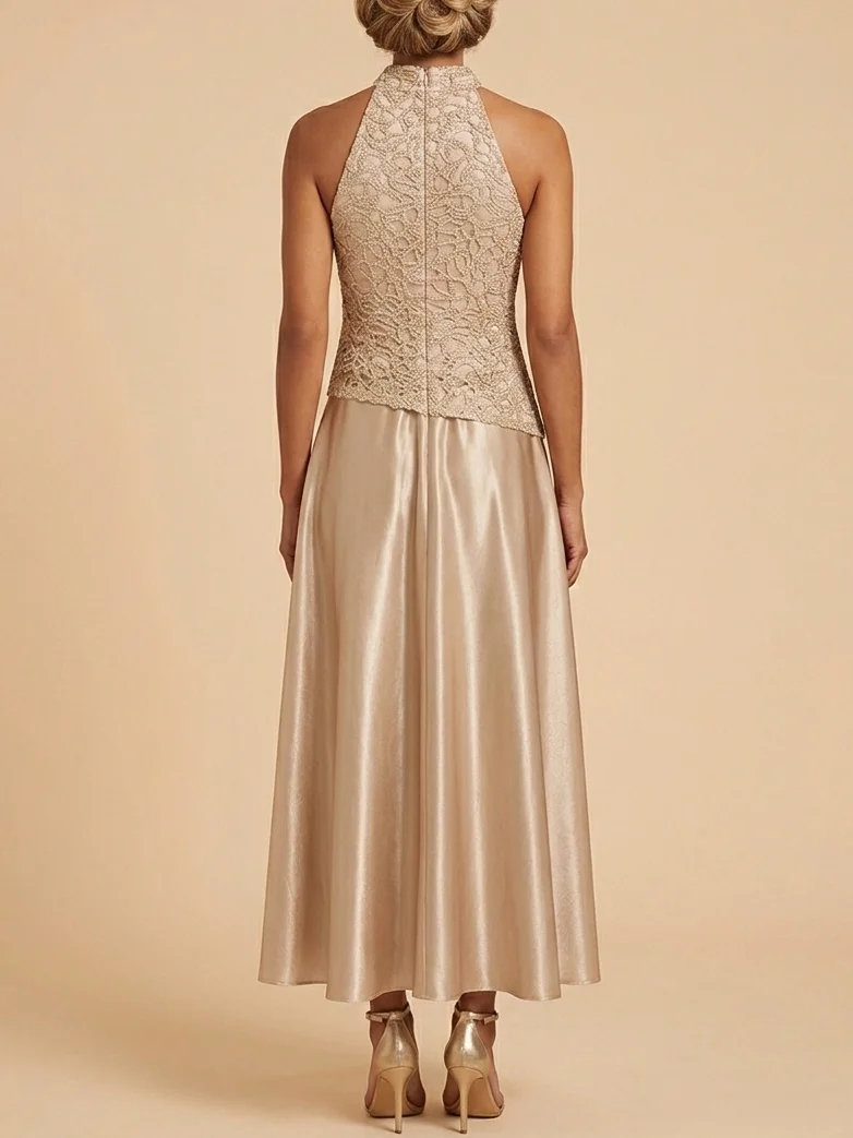 Champagne Sleeveless Halter Neck Lace Bodice Satin A-Line Maxi Dress