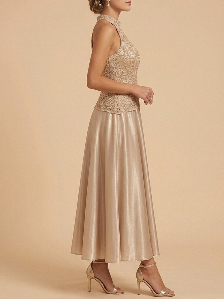 Champagne Sleeveless Halter Neck Lace Bodice Satin A-Line Maxi Dress