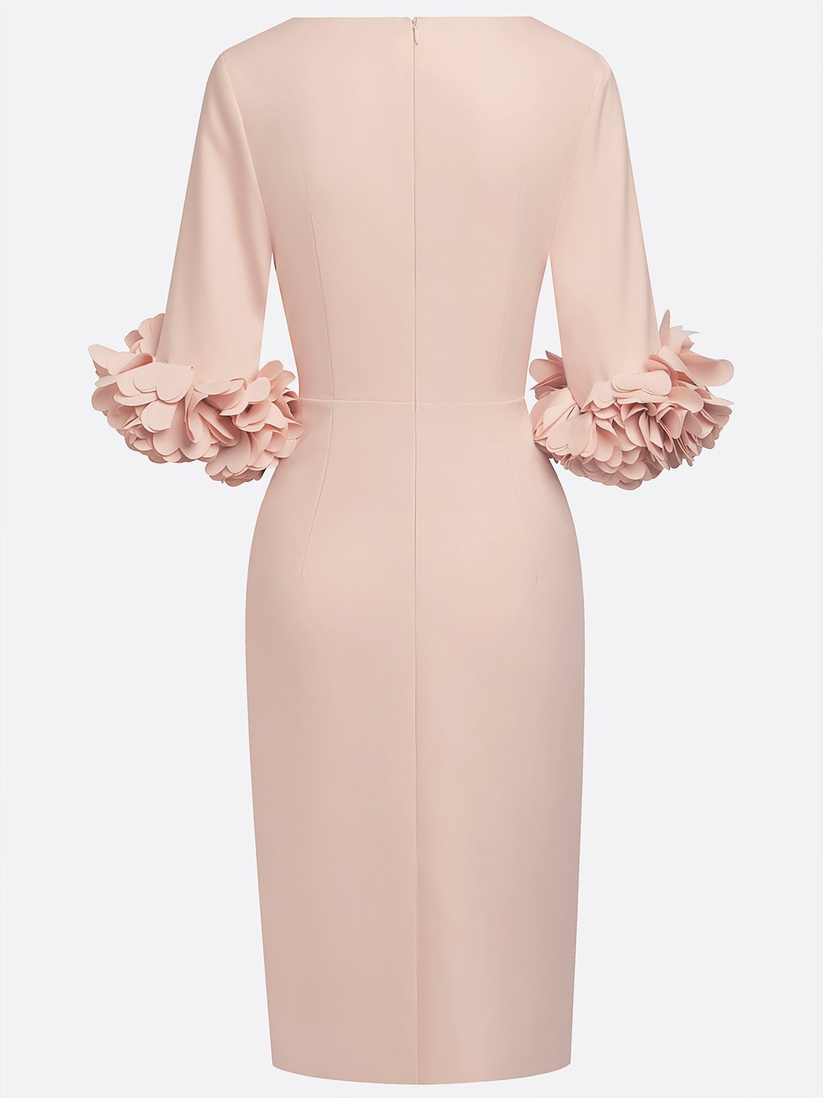 Light Pink 3D Floral Classic Crew Neck Half Sleeve Sheath Midi Dress