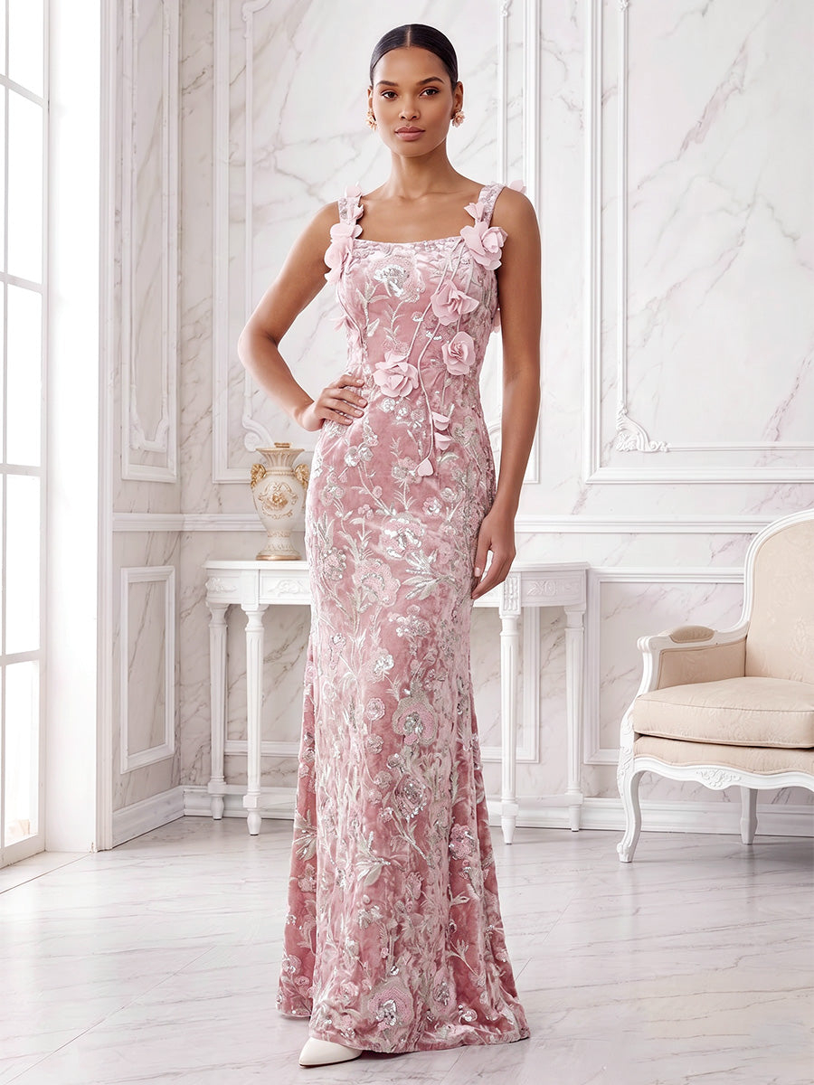 Sequin Floral Sheath Square Neck with 3D Flowers Maxi Dress