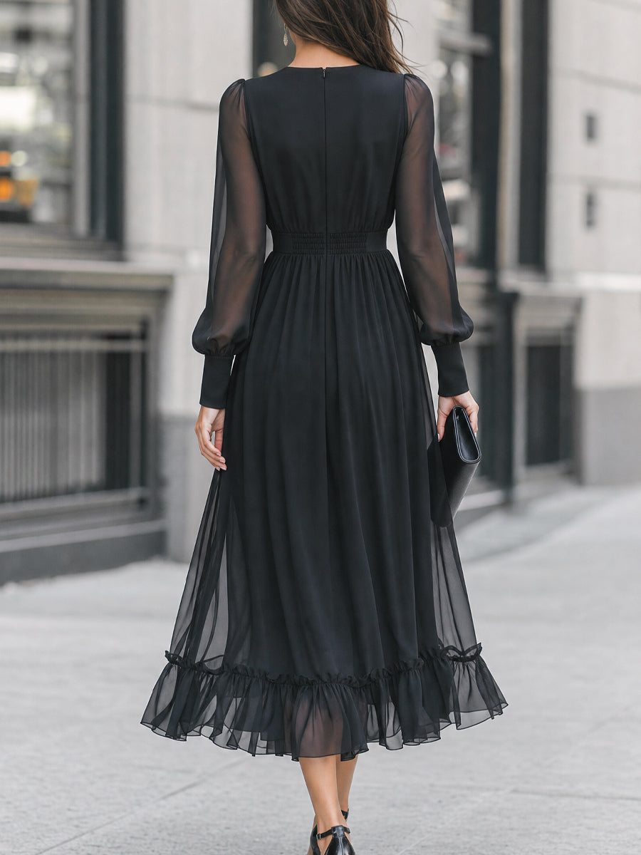 Ruffle Detail Sheer Sleeve Chiffon Midi Dress