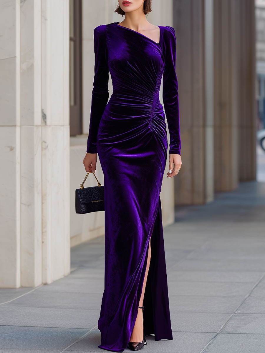 Elegant Purple Velvet Asymmetric Neckline Ruched Maxi Dress With Side Slit