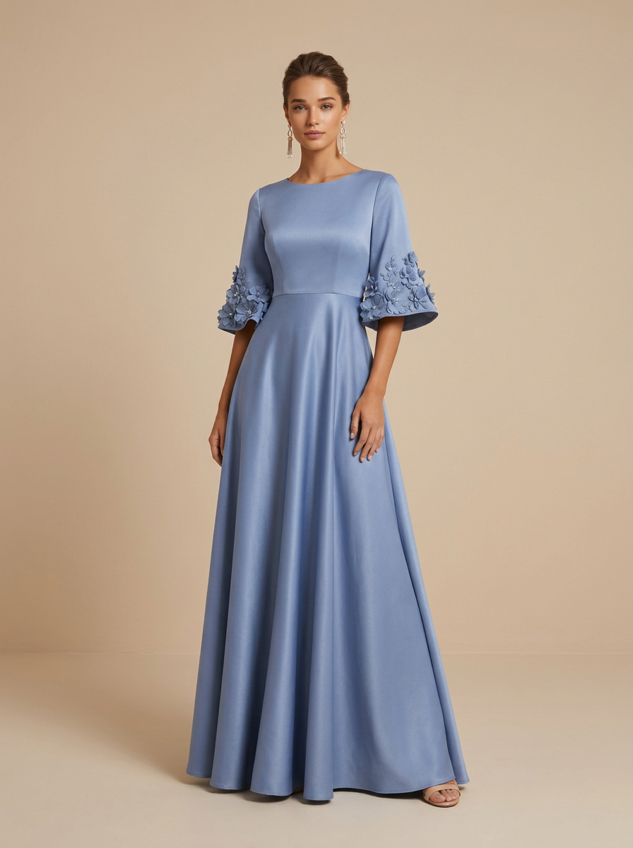 Round Neck Elbow Sleeve 3D Floral Applique Satin A-Line Gown