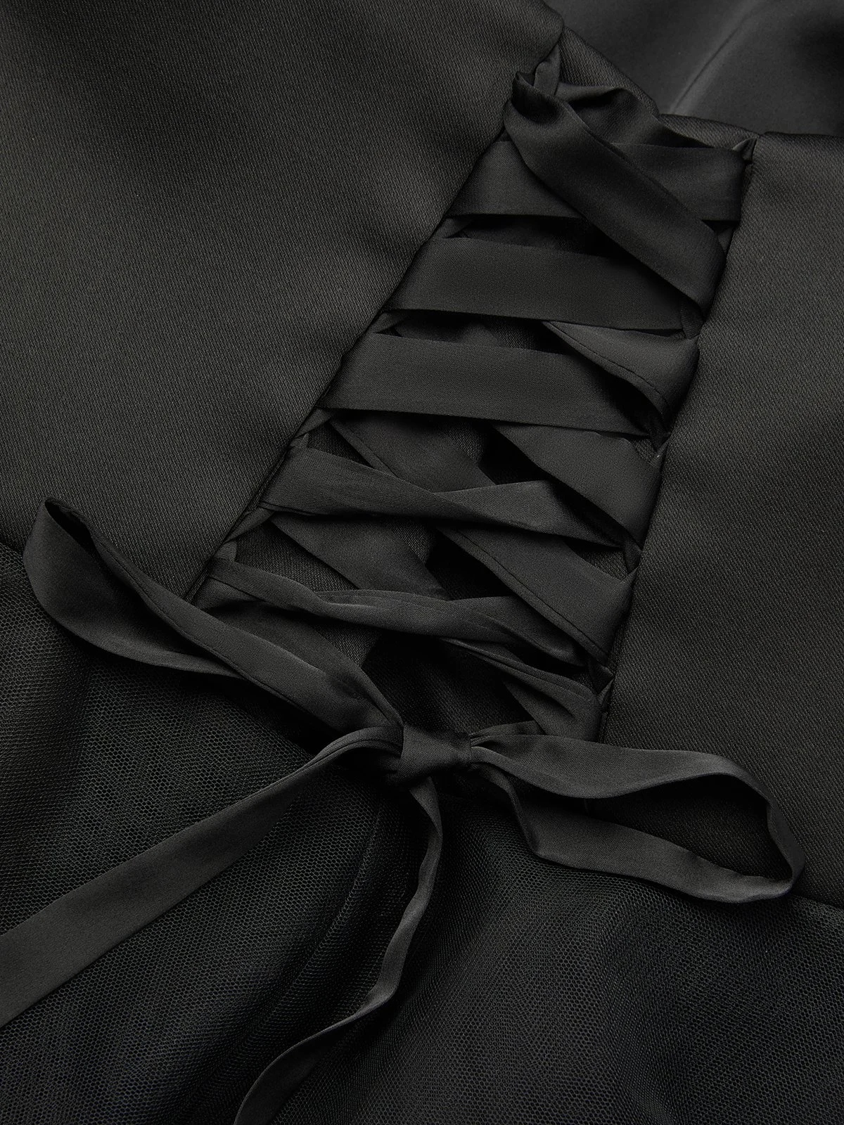 Black Mesh Ruffled Satin Strapless Sleeveless A-Line Floor-length Gown Dress