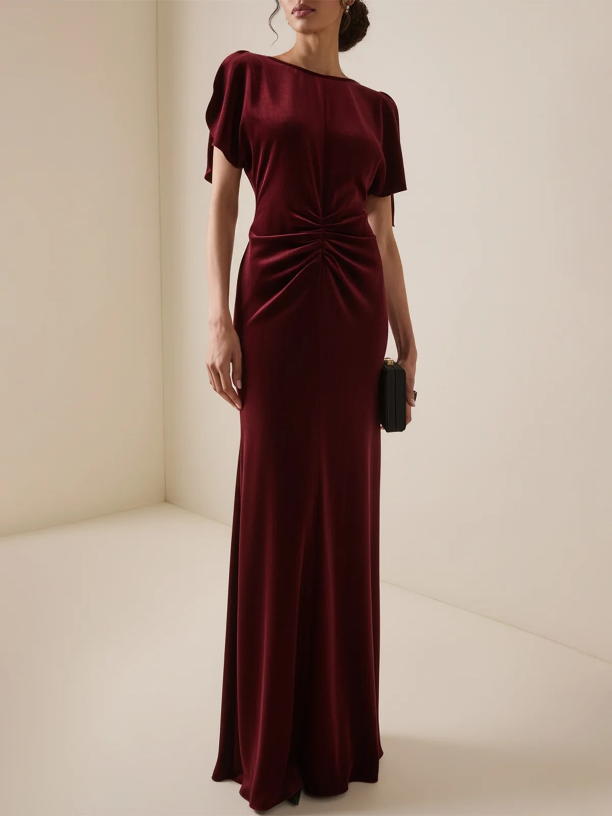 Burgundy Shirred Velvet Boat Neck Short Sleeve Split Sleeves Sheath Gown Dress