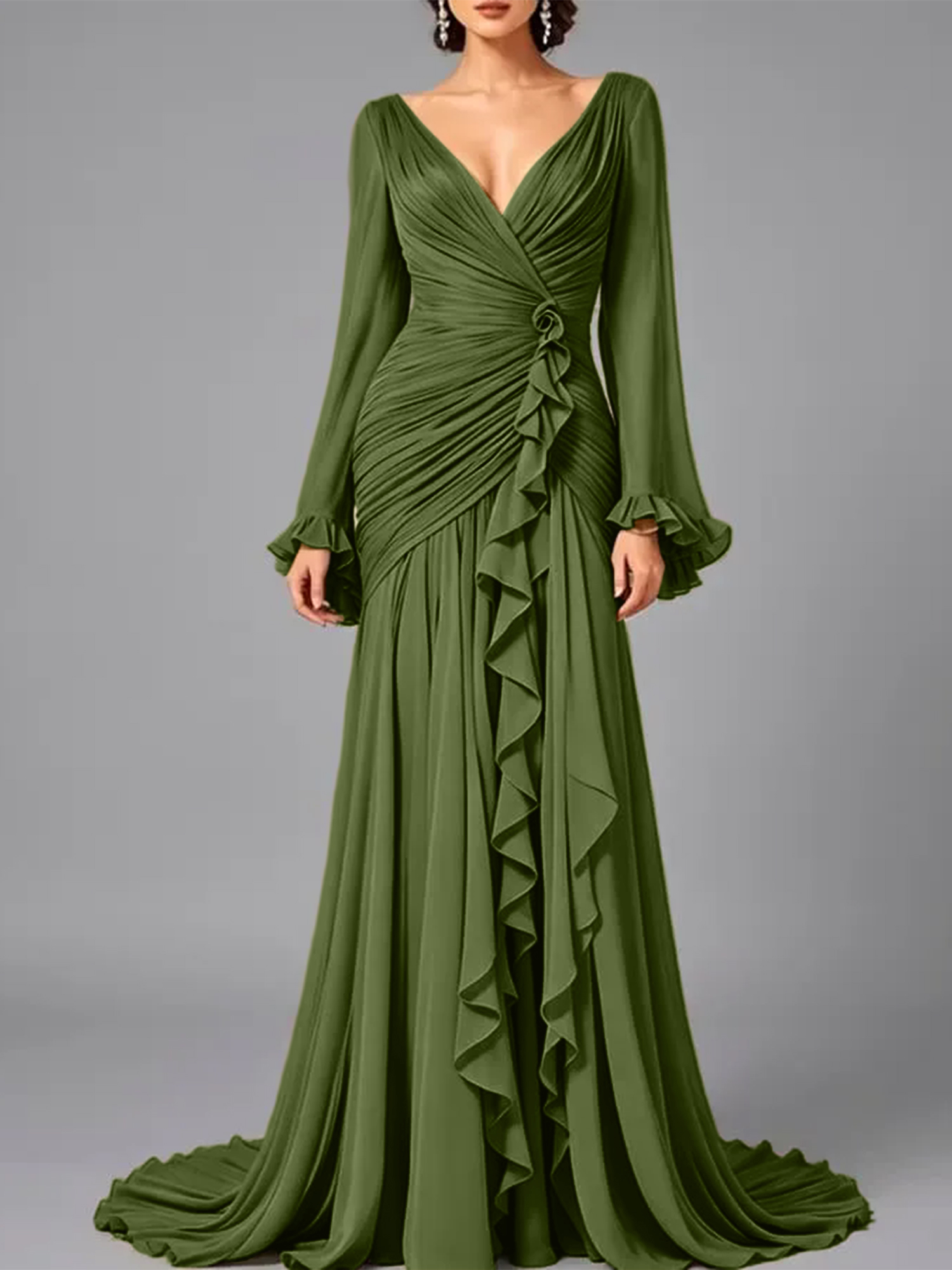 V-Neck Sheer Long Sleeve Ruffled Chiffon Dress