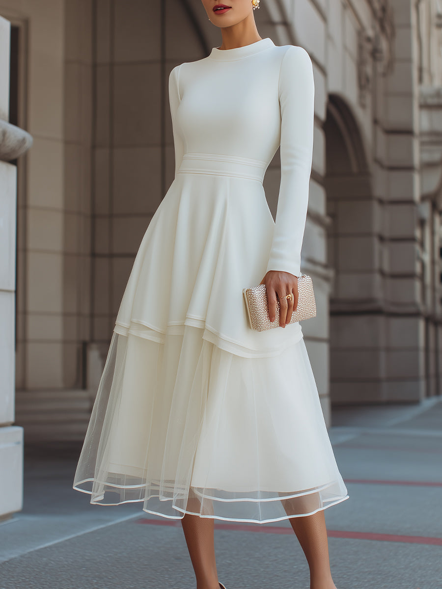 Long Sleeve Layered Midi Dress With Defined Waist