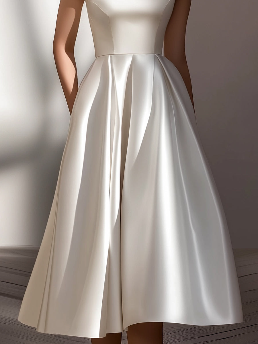 White Off-Shoulder Satin Sculpted Midi Dress