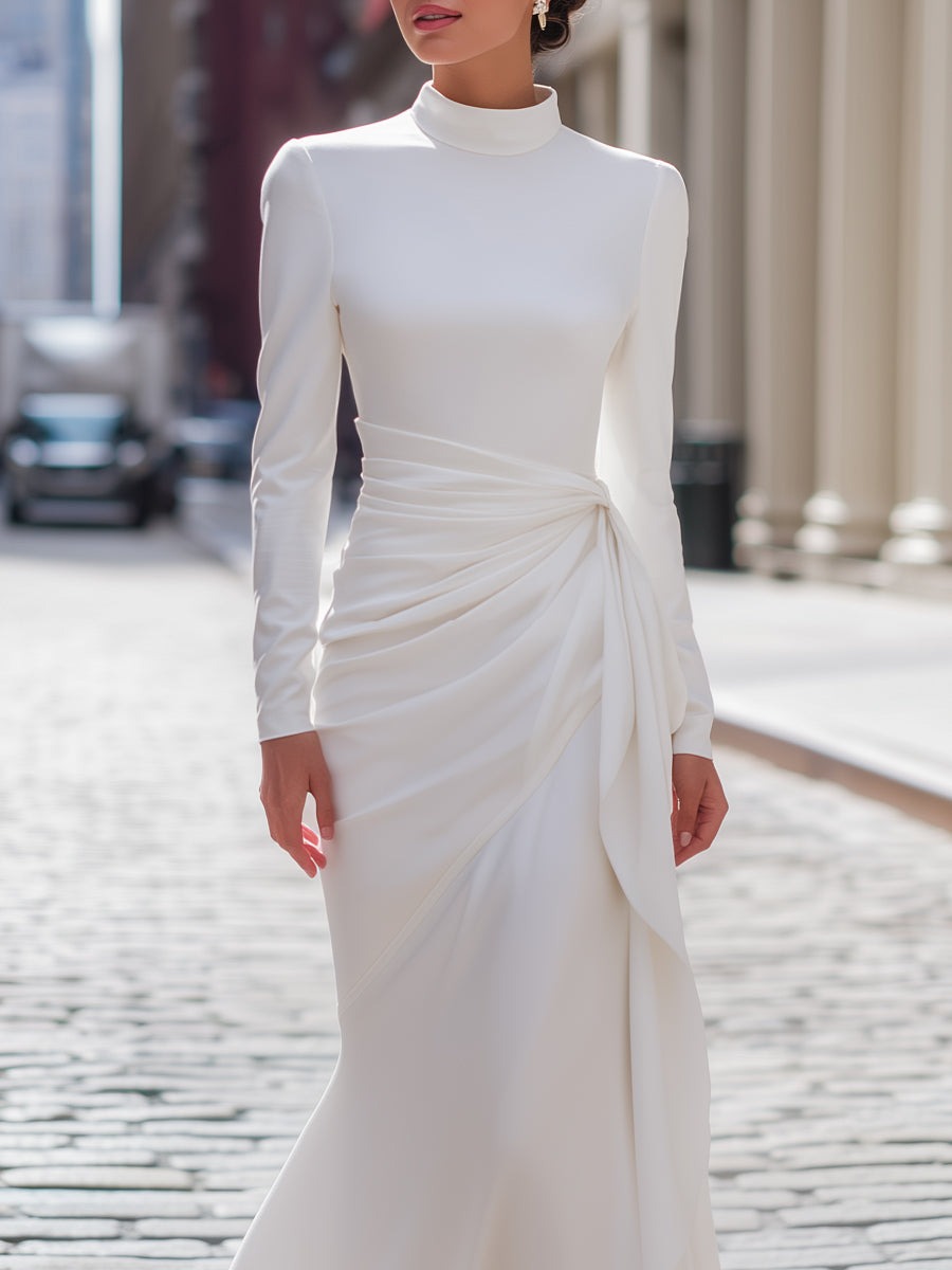 Elegant High-Neck Draped Waist Long Evening Gown