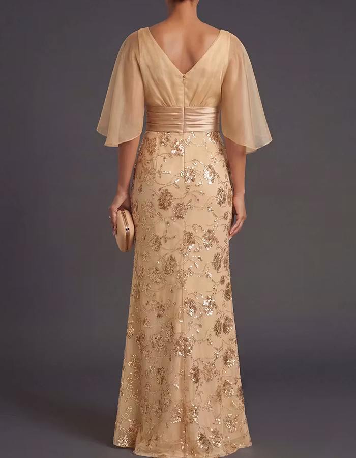 Champagne-colored Boat-neck Floral Lace Maxi Dress