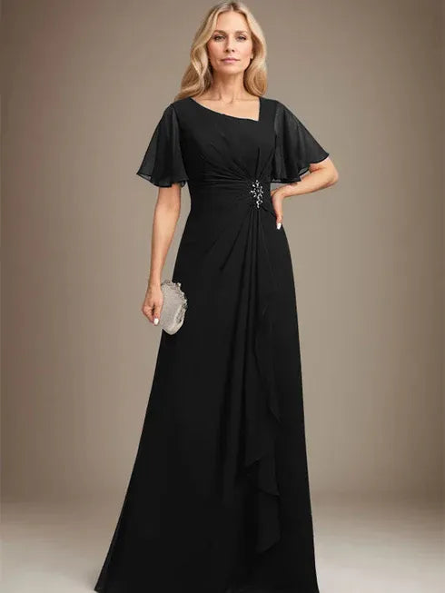 A-line Asymmetrical Floor-Length Chiffon Mother of the Bride Dress With Pleated Beading Sequins