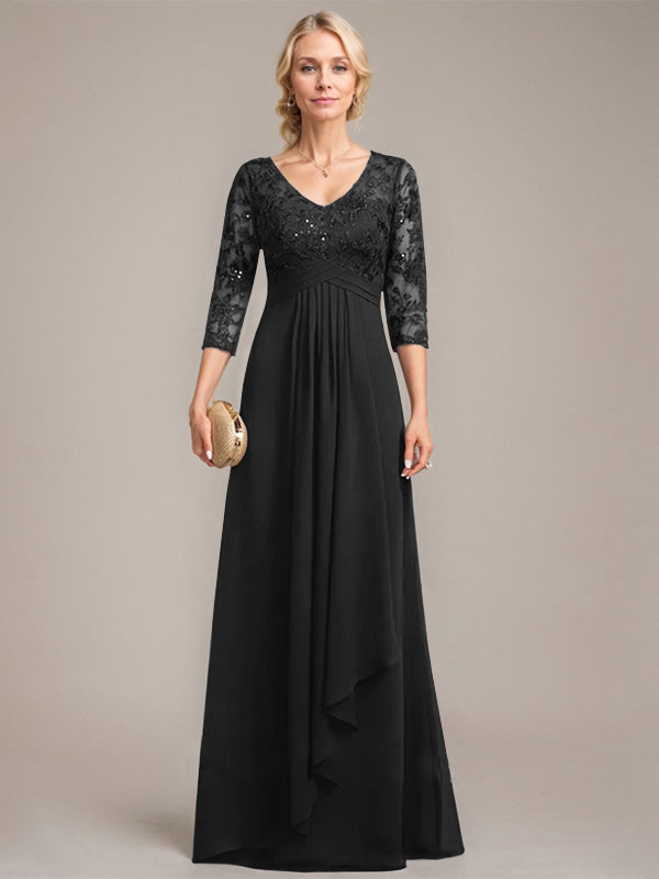 A-line V-Neck Floor-Length Lace Chiffon Mother of the Bride Dress With Cascading Ruffles Sequins