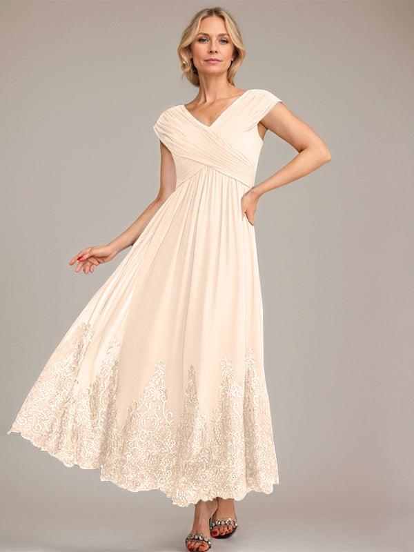 A-line V-Neck Ankle-Length Chiffon Mother of the Bride Dress With Applique Sequins