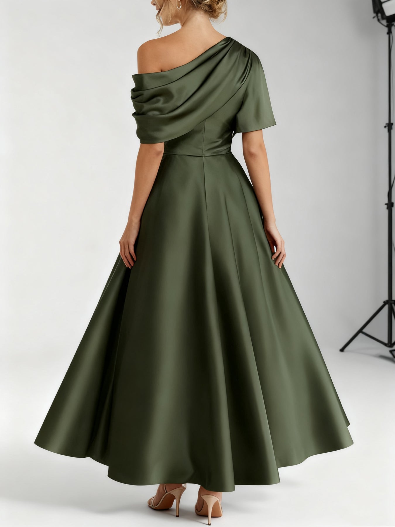 A-Line/Princess One-shoulder Half Sleeve Ankle-Length Mother of the Bride Dresses with Ruffles