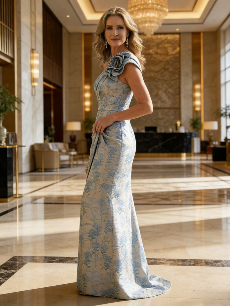 Sheath One Shoulder Floor-Length Mother of the Bride Dresses with Flower