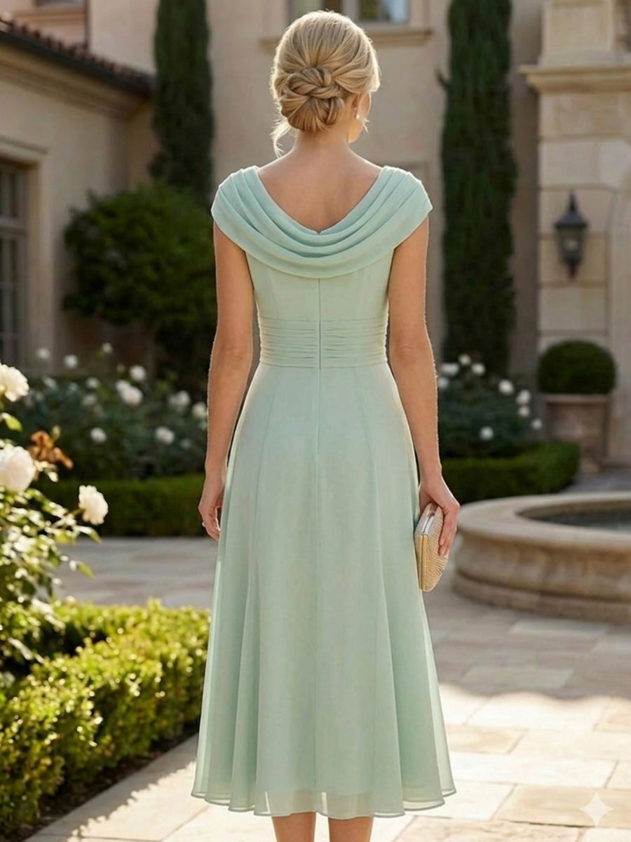 Lightweight Sheath Tea-Length Chiffon Mother of the Bride & Groom Dresses with Cowl Neck & Ruched Waist