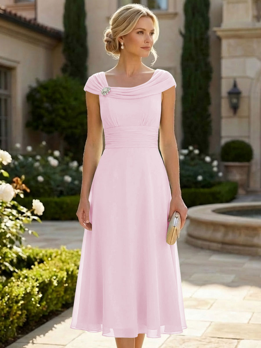 Lightweight Sheath Tea-Length Chiffon Mother of the Bride & Groom Dresses with Cowl Neck & Ruched Waist