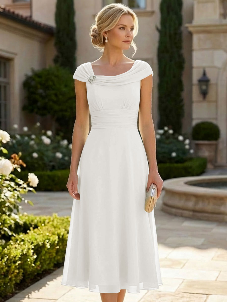 Lightweight Sheath Tea-Length Chiffon Mother of the Bride & Groom Dresses with Cowl Neck & Ruched Waist