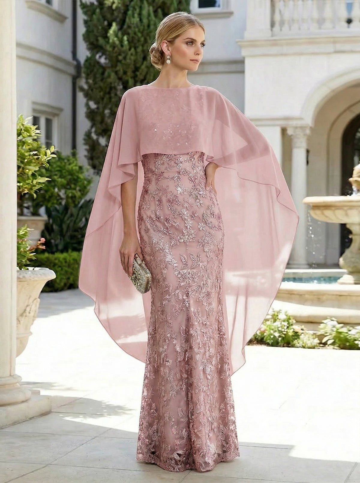Sheath 3D Floral Embellished Lace Floor-Length Mother of the Bride & Groom Dresses with Chiffon Capelet Sleeves