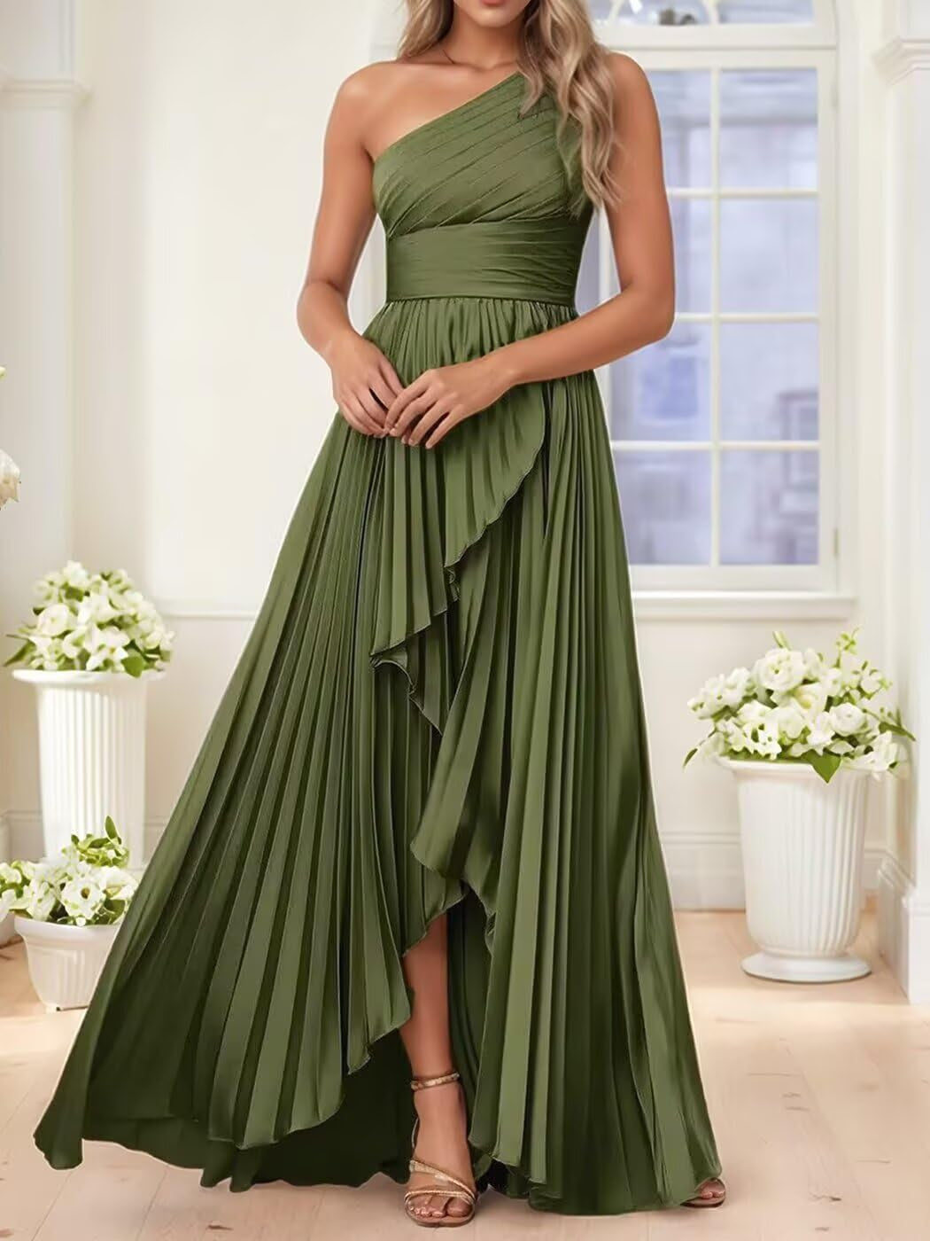A-Line/Princess One Shoulder Pleated Satin Floor-Length Formal Dresses with Ruffle