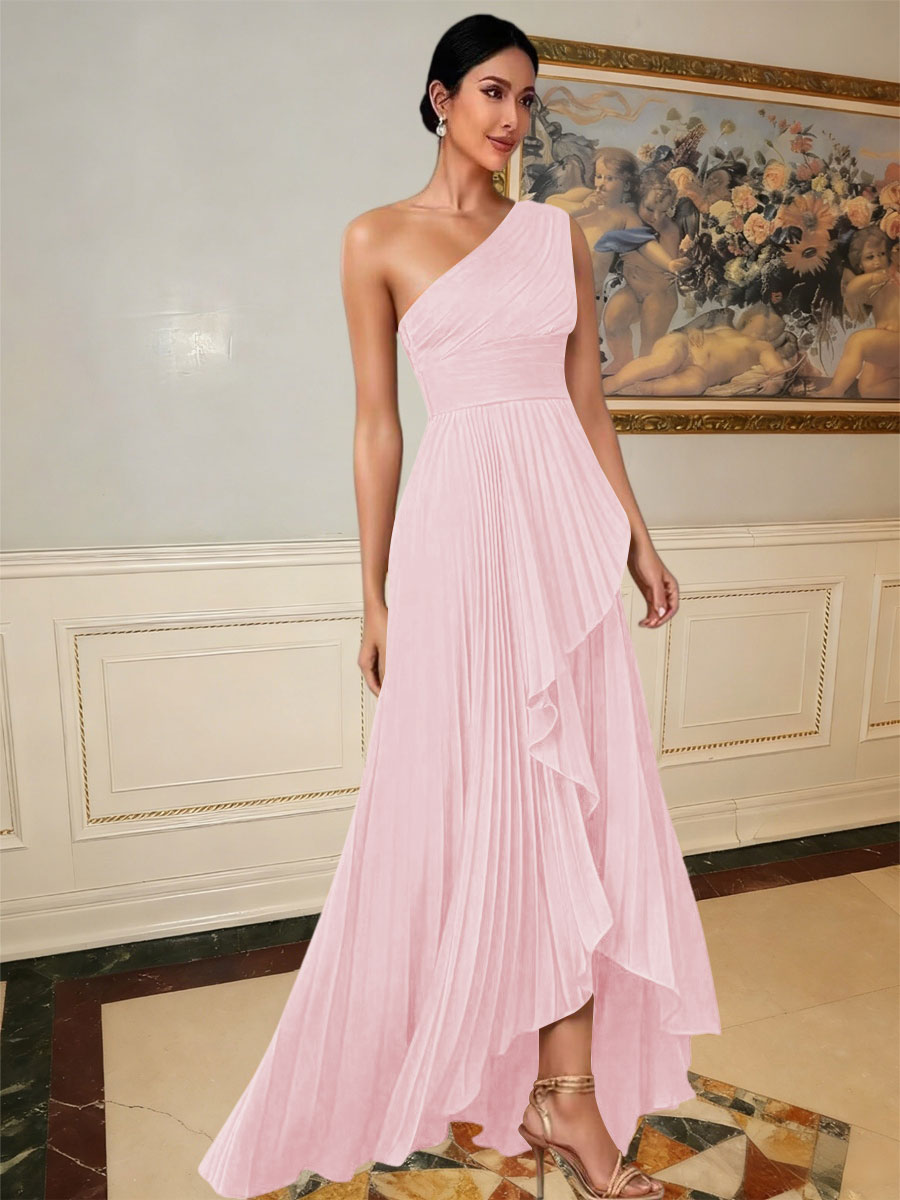 A-Line/Princess One Shoulder Pleated Satin Floor-Length Formal Dresses with Ruffle