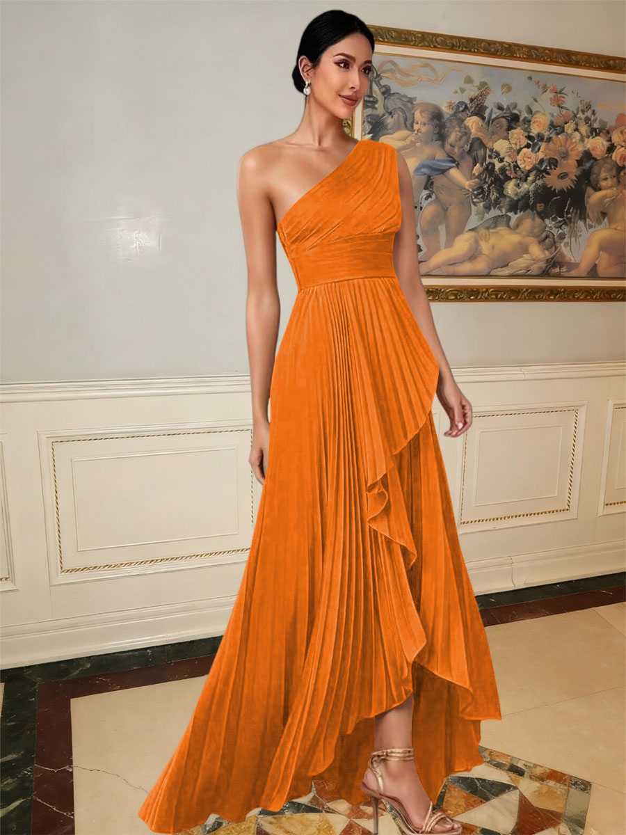 A-Line/Princess One Shoulder Pleated Satin Floor-Length Formal Dresses with Ruffle