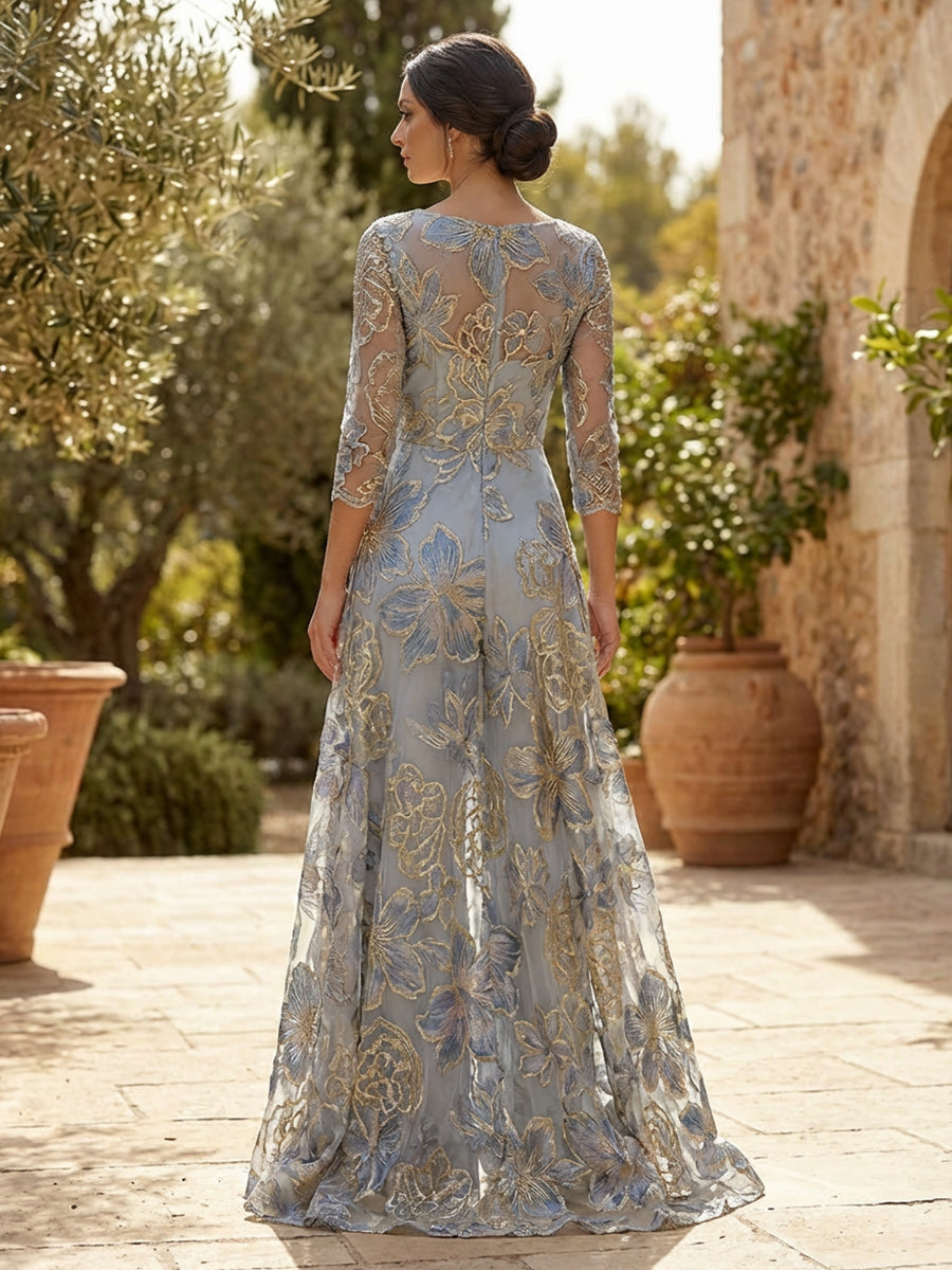 Floral Jacquard 3/4 Sleeves V-Neck Mother of the Bride & Groom Jumpsuit with Ruched Waist
