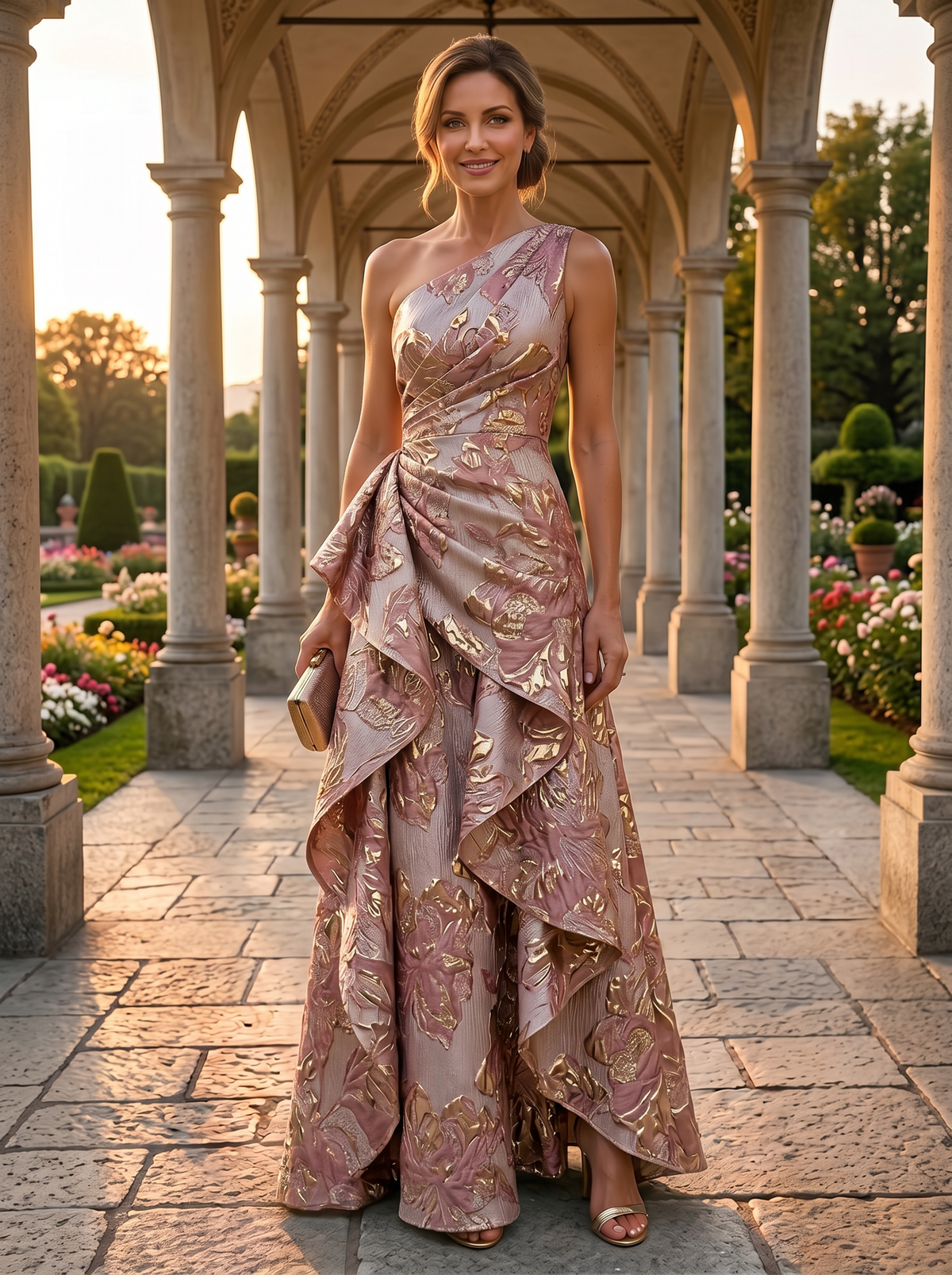 Floral Print A-Line/Princess One Shoulder Floor-Length Evening Dresses with Ruffles