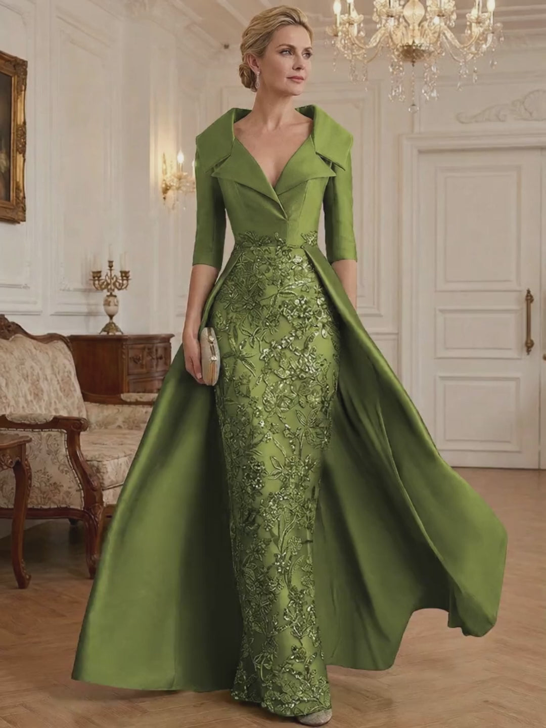 Sheath V Neck 3/4 Sleeve Sequined Mother of the Bride Dresses with Appliques