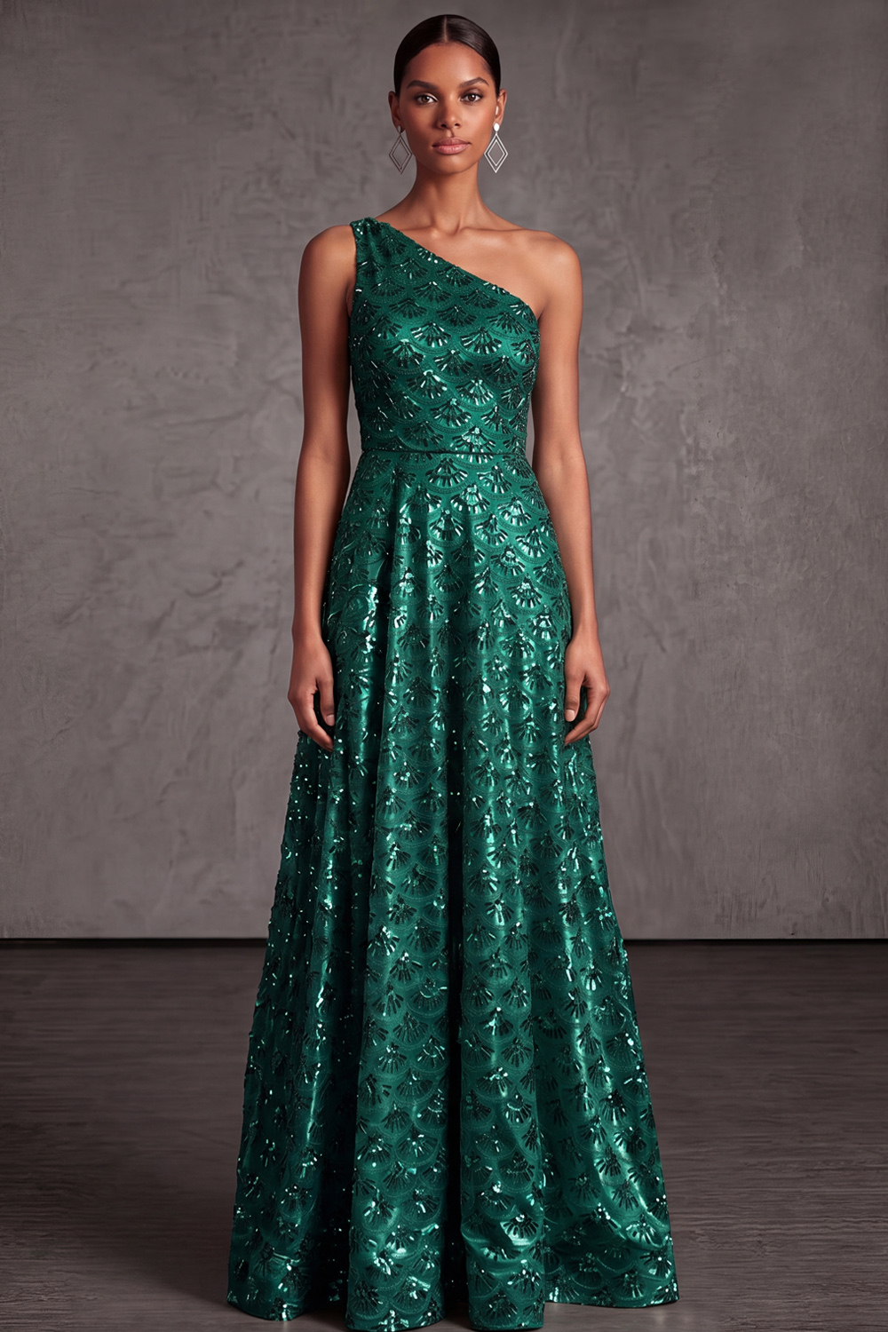 Champagne Formal Evening Dress One Shoulder Satin Maxi Dress with Sequin